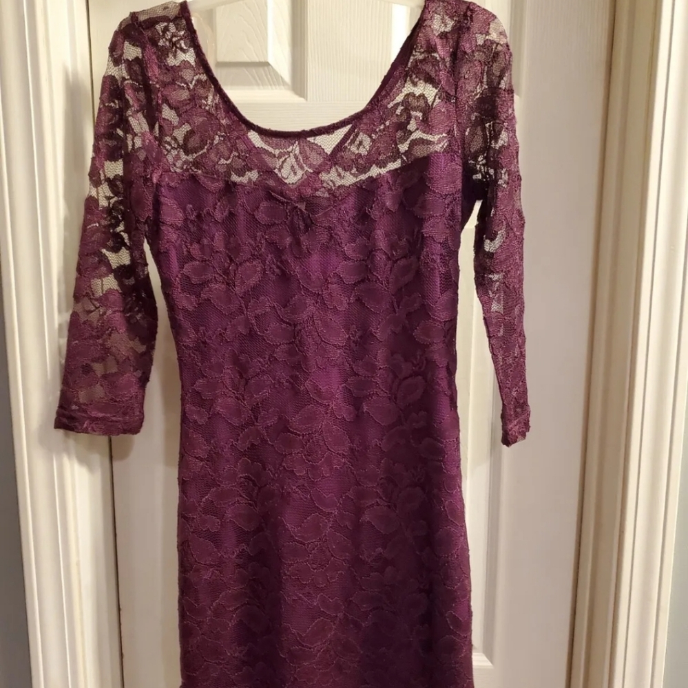 Pink Owl sz S, purple, floral lace overlay, long-sleeved dress. Nwt.